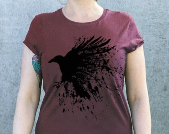 Raven ladies T-shirt in faded burgundy, Earth Positive organic ladies tee, with Irish and Scottish proverb