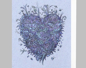 Blue Leafy heart, recycled paper greeting card, Made in Ireland