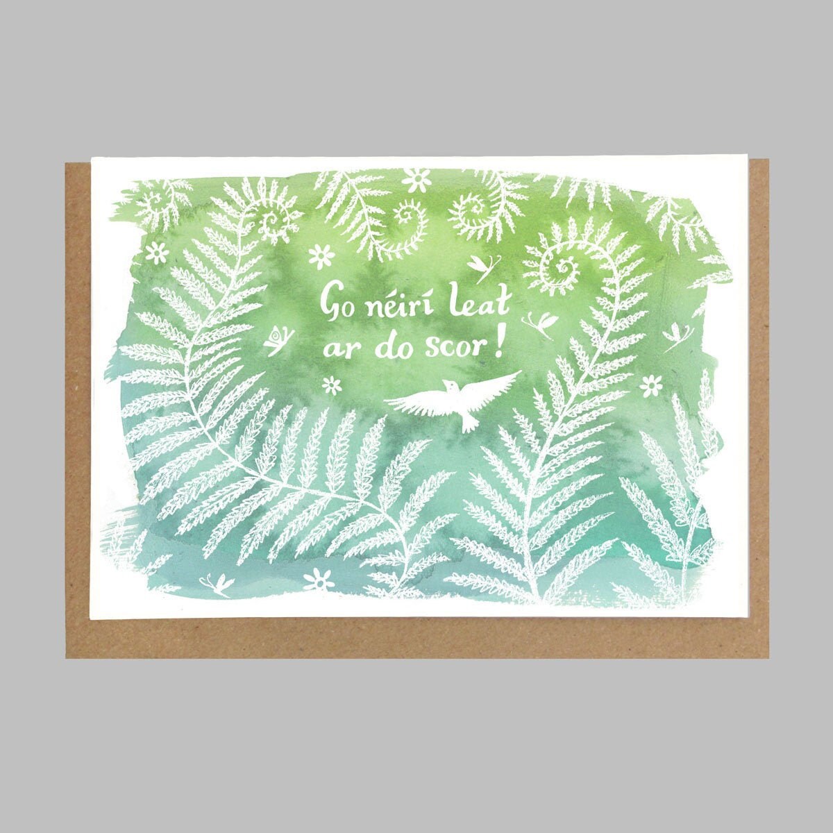 Retirement card in Irish, Go n'éirí leat ar do scor, cárta Gaeilge,  recycled paper greeting card in Irish, image size:1200x1200