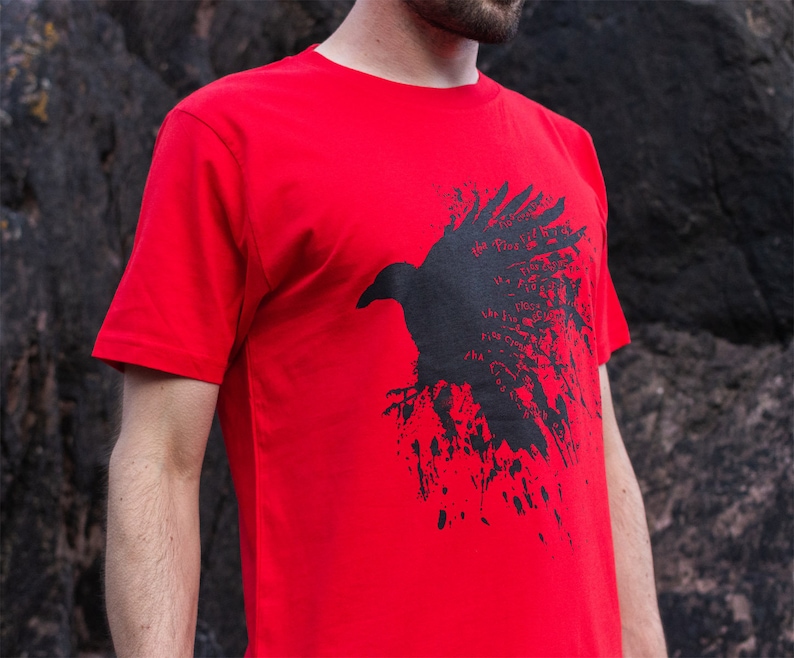 May include: Red t-shirt with a black silhouette of a raven with text in the background. The text reads "the fool is his own worst enemy".