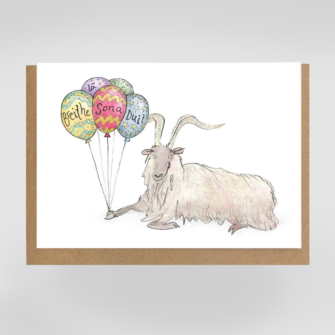 Lá Breithe Sona Duit, Cárta Gaeilge, Happy Birthday Greeting Card in Irish, With Goat and