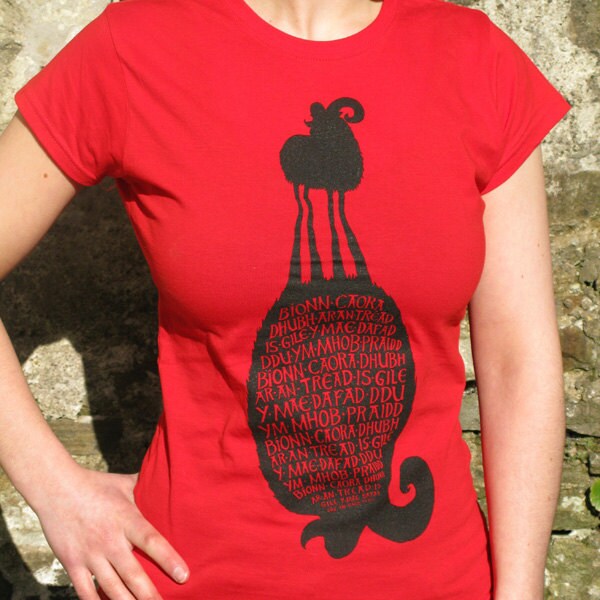 Black Sheep Ladies T shirt - as Gaeilge - in Irish and Welsh - red short sleeved t-shirt