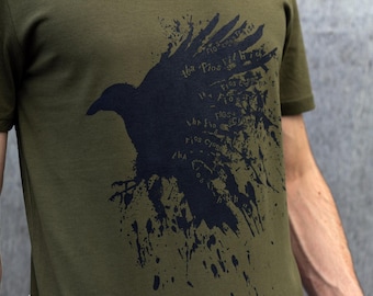 Raven T-shirt olive green, Earth Positive organic Mens tee, Irish and Scottish proverb, raven design 'tha fios fithich agad'