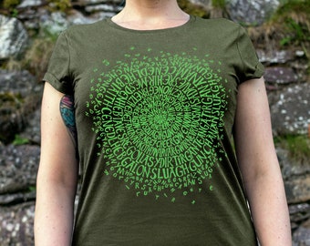 Ladies Green Celtic Languages T-shirt, Earth Positive organic tee, with Irish, Scottish, Welsh, Manx, Cornish, Breton - Tír Gan Teanga