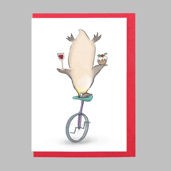 Penguin on a unicycle, Irish Christmas card, Christmas penguin card, fun Christmas card