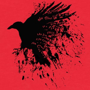 May include: Black silhouette of a crow with splatter paint and the text "tha Fios Fithich" repeated in various sizes and orientations.