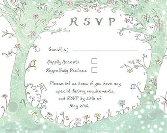 Wedding invitation with RSVP Postcard - Woodland Wedding Invitations  - A6 size pstcrd, pink and green forest design