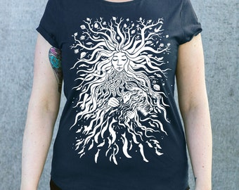 Rebel Goddess t-léine navy, hand-printed Irish River Boyne Goddess Bóinn T-shirt, Earth Positive organic cotton