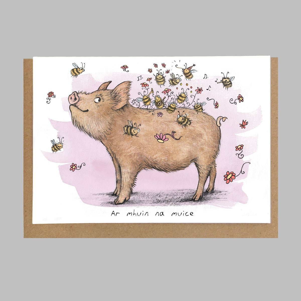 On the pig's back Irish proverb card, Ar mhuin na muice, cárta Gaeilge,  recycled paper greeting card in Irish, image size:1200x1200
