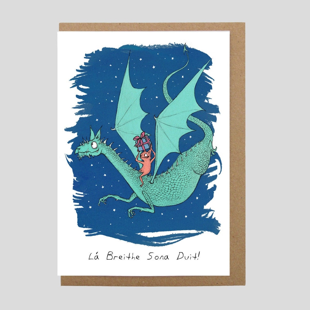 Birthday Dragon as Gaeilge, Lá Breithe Sona Duit, Recycled Paper, Happy Birthday Greeting Card
