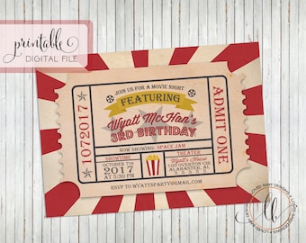 Movie Ticket Invitation, Vintage Movie Invitation, Movie Ticket Invite, Backyard Movie Birthday - Printable, Digital File