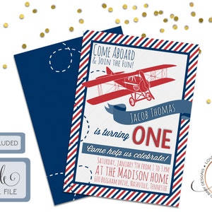 Vintage Airplane Birthday Invitation with Stripes - DIY, Printable