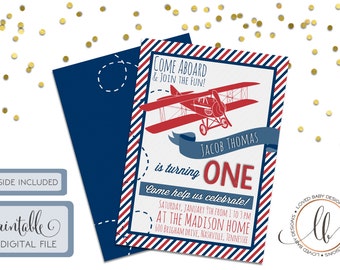 Vintage Airplane Birthday Invitation with Stripes - DIY, Printable