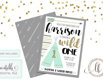 Wild One Birthday Invitation, Wild 1 Birthday Invitaiton, First Birthday Invitation, Tribal Birthday Invitation - Printable, Digital File