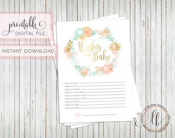 Baby Shower Games, Wishes for Baby, Baby Girl, Baby Shower Game, Pink and Gold - INSTANT DOWNLOAD, Printable, 5x7