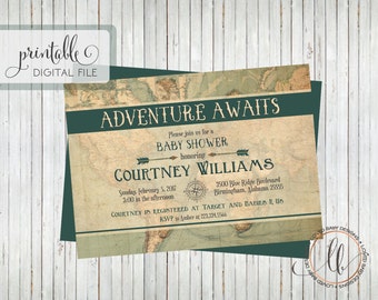 Travel Baby Shower Invitation - Boy Baby Shower Invitation - Vintage Map Baby Shower Invitation - Adventure Baby Shower - Printable