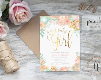 Baby Shower Invitation, Baby Girl Baby Shower Invitation, Sweet Baby Girl Shower Invitation, Pink and Gold, - Printable, 5x7