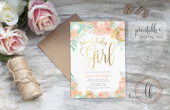 Baby Shower Invitation, Baby Girl Baby Shower Invitation, Sweet Baby Girl Shower Invitation, Pink and Gold, - Printable, 5x7