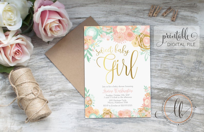 May include: Printable baby shower invitation with a floral design in shades of pink, peach, and green. The text reads "Sweet Baby Girl" in gold script. The invitation includes details for the shower, including the date, time, location, and RSVP information.