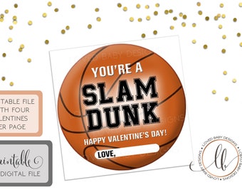 Basketball Valentines - Slam Dunk Valentines - Boy Valentines - Printable Valentines - INSTANT DOWNLOAD