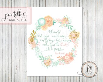 Proverbs 31 Print - Proverbs 31:30 Wall Art - A Woman Who Fears the Lord - Printable Art - 8x10 - Cute Scripture Print - Digital File