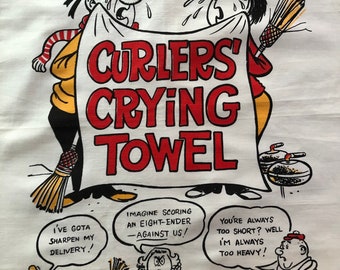 Curlers Crying Towel, Vintage, 1970er Jahre, Leinen, Leinen Geschirrtuch, Vintage Küche, Vintage Stoff, neu unbenutzt, Curling, Wintersport