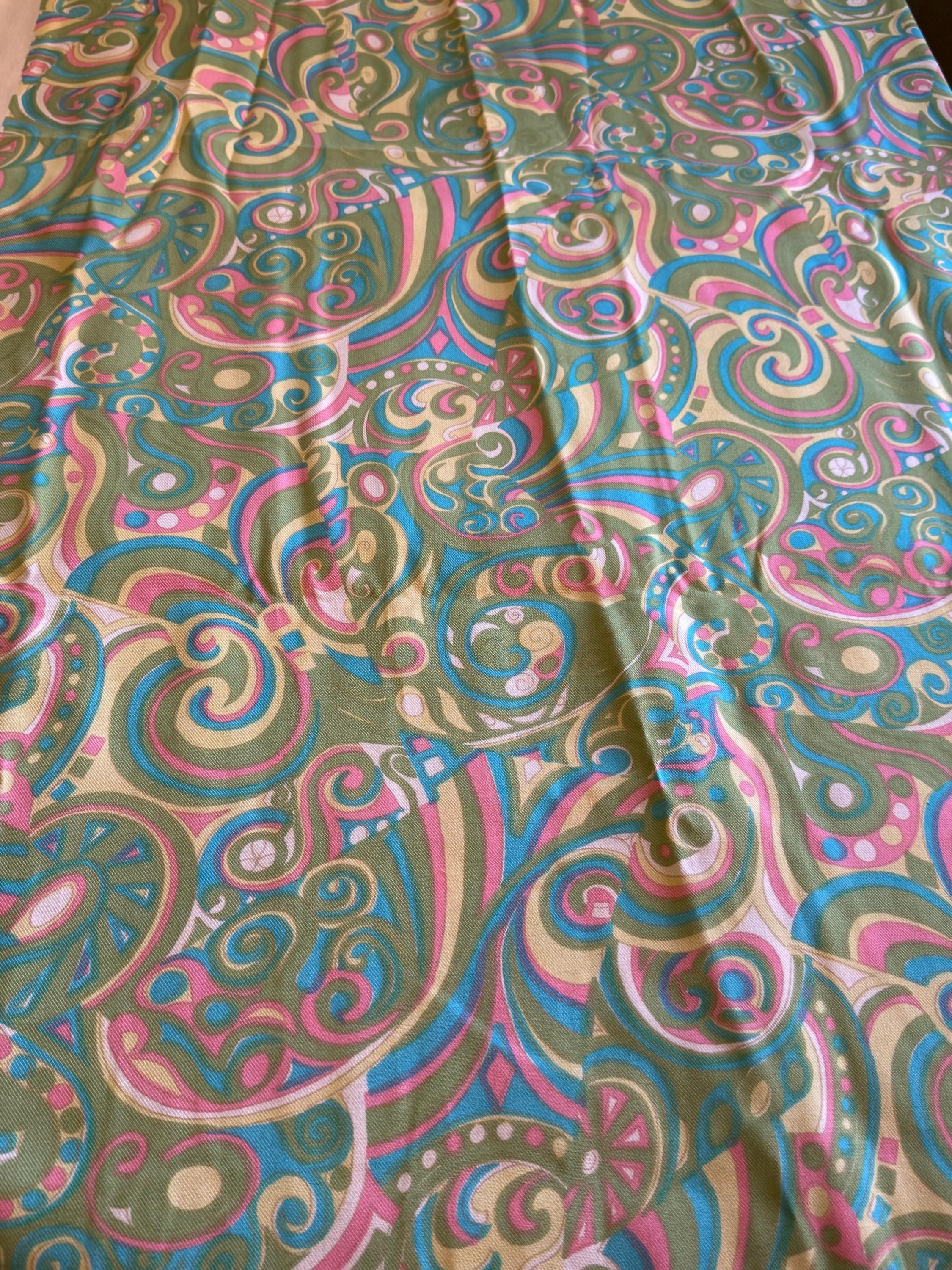 Worsted Wool Suit Dress Skirt Sewing Fabric Summer Weight, Paisley Retro 1980s yellow, chartreuse green, blue, pink pastel colors 2.5 yards