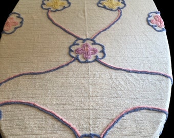 1950s MCM Silhouette Heirloom 100% Cotton Chenille Bedspread Bed Topper Pretty Pink Lavender Yellow Blue Vintage Shabby Chic Bedroom Linen