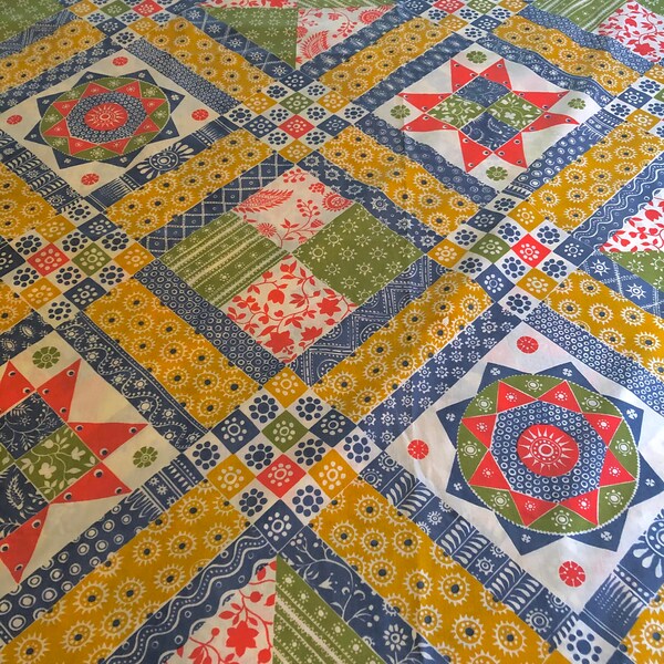 Vintage 1970er Jahre Perma-Prest, Ohren, Boho, Hippie, Patchwork Quilt Druck flache QUEEN Größe Bettlaken, Bett