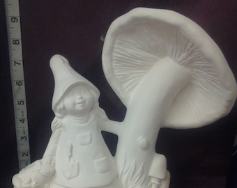 Girl Gnome with Mushroom 9 1/2" Ceramic Bisque, Ready To Paint