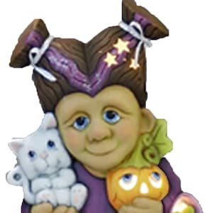 May include: A purple-dressed witch figurine with a white cat and a jack-o-lantern. The witch has brown hair with stars and a purple bow.