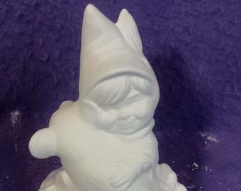 FREE SHIPPING   Child gnome holding mouse 4" ready to paint ceramic bisque