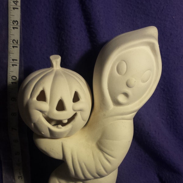 Ghost holding pumpkin 12" x 7" light ( corded clip light included) ready to paint ceramic bisque