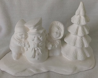 Kids with Snowman Village Accessory 5" x 3" x 2 1/2" Ceramic Bisque, Ready To Paint   FREE SHIPPING