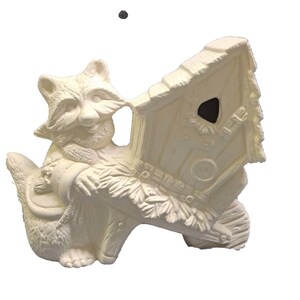 Raccoon with Cart Birdhouse 9" x 9" Ceramic Bisque, ready to paint