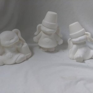 Cracked Pot Girl Bunnies 4&quot; set of 3 Ceramic Bisque, Ready To Paint