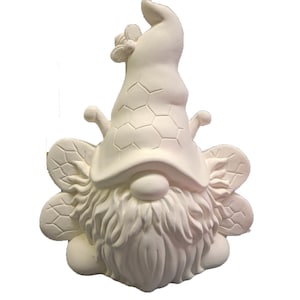 May include: White ceramic gnome figurine with a bee-themed hat and wings. The gnome has a long beard and a rounded face. The hat is shaped like a beehive and has a honeycomb pattern. The wings are large and have a honeycomb pattern.