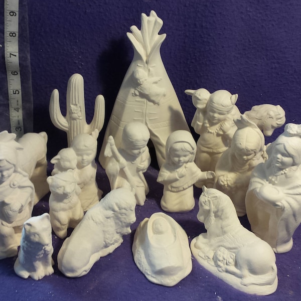 Native American Nativity  17 pc set  3" to 5" ready to paint ceramic bisque