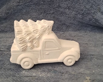 Truck with Tree Ornament Ceramic Bisque, Ready to Paint