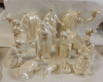 Christmas Duncan Nativity 15 piece set in Gold and Mother of pearl finish 7" to 9" ceramic bisque  FREE SHIPPING