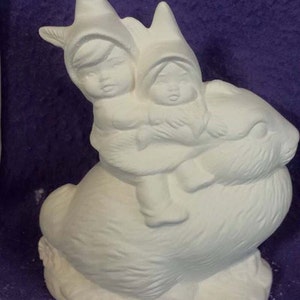 FREE SHIPPING  Children gnomes on rabbit 4&quot; ready to paint ceramic bisque