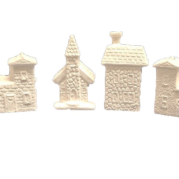 Christmas VIllage House Ornaments 2" set of 4  Ceramic Bisque Ready to Paint