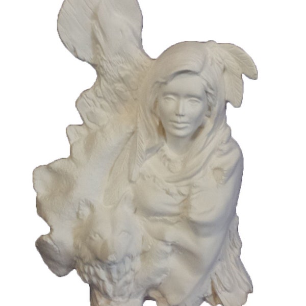 Native Maiden with Wolf and Moon  9" Ceramic Bisque, Ready to Paint