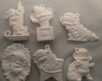 Mice #4 set of 6 ceramic ornaments ready to paint ceramic bisque