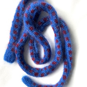 Cobalt Blue and Burgundy Square Pattern Skinny Mohair Scarf, Hand Knitted Silk Blend.