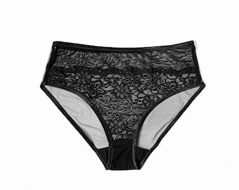 Schwarze transparente Netzhöschen - High Cut Lace Dessous, Sexy Transparente Unterwäsche, Romantischer Schwarzer Spitzen Slip in Übergröße