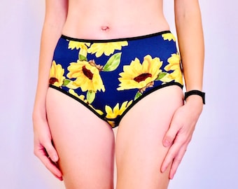 Navy Hipster style Panties with sunflowers print. comfortable cotton panties. Handmade. Woman panties. Cotton hipster panties.