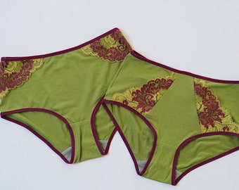 2-pack.Moss green Organic very soft modal panties with bordo lace details. Medium High Waist. Underwear for women. Panties with lace.