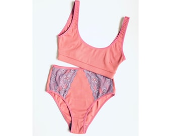 Lingerie set. Pink panties, Ribbed jersey Bra top and classic high waisted briefs with lace. Organic cotton. Light lavender lace lingerie.
