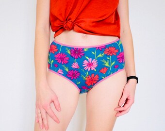 Floral medium High style Panties. Gentle material. Cotton panties. Handmade blue Knickers in all Sizes.